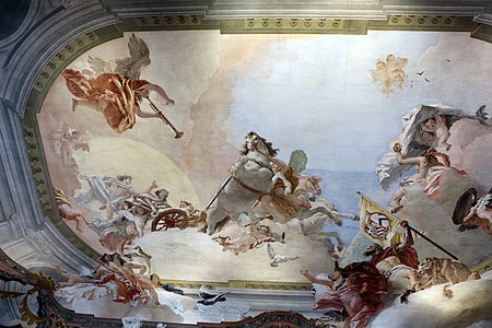 Wedding couple in chariot on the ceiling of the Salon of the Allegory, by Giambattista Tiepolo (1758)