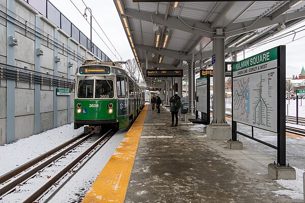 An inbound train at Gilman Square station, December 2022