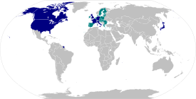 מדינות ה-G7 (בכחול) לצד מדינות האיחוד האירופי (בטורקיז)