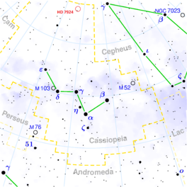 Die ligging van HD 7924 in die sterrebeeld Kassiopeia (heel bo in rooi).
