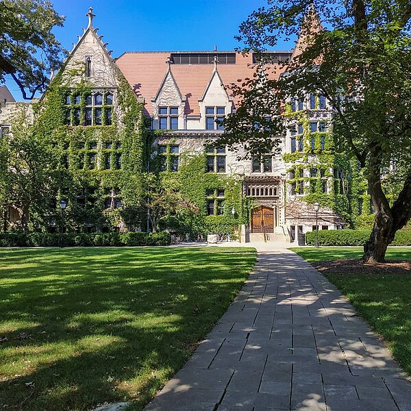 View of university building from the Harper Quadrangle