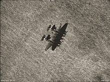 An Allied reconnaissance photo showing a German Heinkel He 111Z aircraft taking off at Regensburg-Obertraubling (Germany), in May 1944