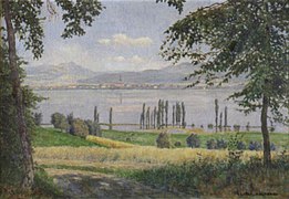 Sommerlandschaft am Bodensee Öl auf Leinwand (Blick auf des Schweizer Ufer mit Tägerwilen (Stad), im Hintergrund links der Säntis)