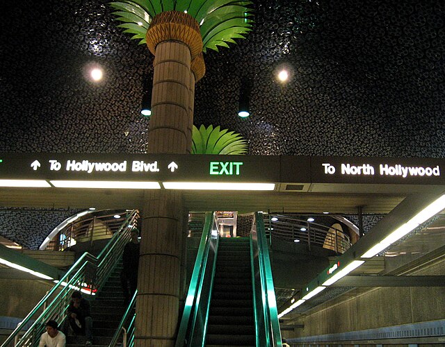 Interior decor and stairs to platform level of Hollywood and Vine station