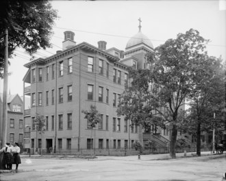 The former House of Providence Hospital, which stood at the corner of Dwight and Elm St in downtown Holyoke served patients from 1894 to 1958 House of Providence, Holyoke, Massachusetts (Detroit Publishing Co - c. 1910).tif