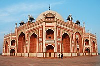 Humayun's tomb (reddish coloured against the sky