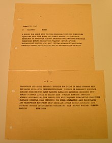 A telegram sent by Fritz Bilfinger, delegate of the International Committee of the Red Cross (ICRC), on 30 August 1945 from Hiroshima ICRC-Archives Bilfinger-HiroshimaTelegram-hor.jpg