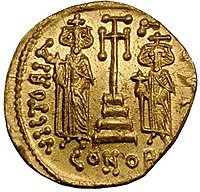 Impero romano d'oriente, costantino IV, eraclio e tiberio, emissione aurea, 674-680 ca..JPG