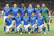 The Azzurri in 2012. Football is the most popular sport in Italy. Italy national football team Euro 2012 final.jpg