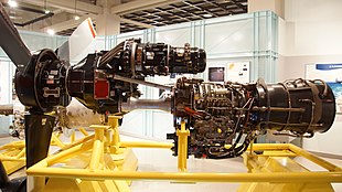 GE T64 turboprop, with the propeller on the left, the gearbox with accessories in the middle, and the gas generator (turbine) on the right JMSDF P-2J T64-IHI-10E turboprop engine left side view at Kanoya Naval Air Base Museum April 29, 2017.jpg