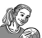 A black and white illustration of a woman with a ponytail holding a ball