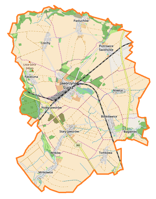 Mapa konturowa gminy Jaworzyna Śląska, w centrum znajduje się punkt z opisem „Jaworzyna Śląska”