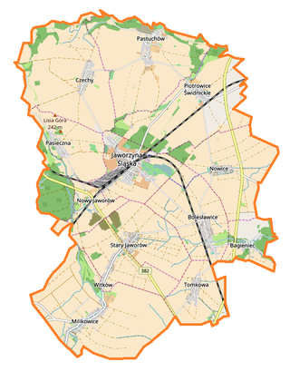 Mapa konturowa gminy Jaworzyna Śląska, w centrum znajduje się punkt z opisem „Kościół św. Józefa Oblubieńca”