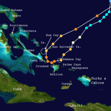 Enlarged and annotated track of Joaquin from September 29 - October 3 depicting its path through the Bahamas Joaquin 2015 Bahamas track.png