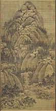À la recherche de la « voie » [dao] dans la montagne en automne. Encre et couleurs légères sur soie. 156 × 77,5 cm. Attribué à Juran, act. v. 960-980. Musée national du palais, République de Chine.
