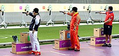 The ISSF 10 meter air pistol final in the 2012 Summer Olympics.