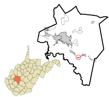 Okres Kanawha v Západní Virginii začleněn a nezapsané v obchodním rejstříku oblasti Chelyan zvýrazněny.svg