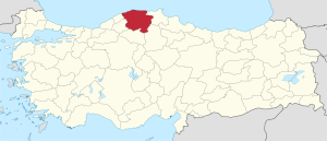 Kastamonu highlighted in red on a beige political map of Turkeym