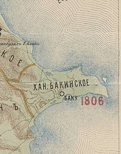 Baku Khanate, kaart samengesteld in 1901.  De kaart toont het grondgebied van de Bakoe Khanate daterend uit 1806.