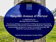 Blue Plaque marking the Kingston Avenue of Honour war memorial Kinston AoH.jpg