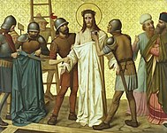 The 10th Station: Jesus is Stripped from His Clothes label QS:Len,"The 10th Station: Jesus is Stripped from His Clothes" label QS:Lnl,"10e statie: Jezus wordt van zijn kleren beroofd" 1886. oil on copper medium QS:P186,Q296955;P186,Q753,P518,Q861259 . 110 × 140 cm (43.3 × 55.1 in). Deurne, Sint-Willibrorduskerk.