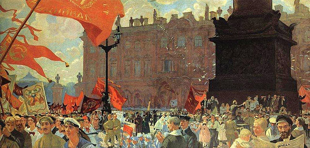 Painting by Boris Kustodiev representing the festival of the Comintern II Congress on the Uritsky Square (former Palace square) in Petrograd