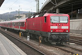 Locomotive of DB Class 143 in Koblenz Hauptbahnhof, front and right side