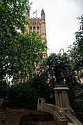 London - Victoria Tower Gardens 1881 - Emmeline Pankhurst Statue 1930 by Arthur George Walker - In 1958 the Emmeline and Christabel Pankhurst Memorial was relocated here - Gothic Revival Victoria Tower 1860 by Sir Charles Barry 04.jpg