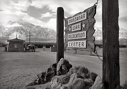Wooden sign at entrance to the Manzanar War Relocation Center