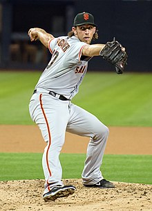 Madison Bumgarner became only the third pitcher to throw a shutout with at least 10 strikeouts in a deciding postseason game. Madison Bumgarner on September 3, 2013.jpg