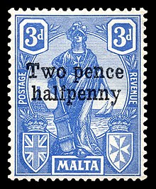 The 1925 2 1/2 d on 3d surcharge Malta 1925 Melita 2 1/2 d on 3d bright ultramarine.jpg