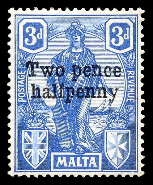 File:Malta 1925 Melita 2½d on 3d bright ultramarine.jpg