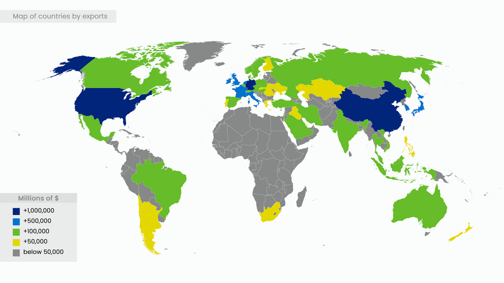 Map of countries by exports as of 2022, according to World Bank