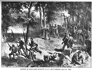 Charge of the 2nd Maryland Volunteer Infantry Regiment into the "slaughterpen" at Culp's Hill, Battle of Gettysburg, July 3rd 1863. So severe were the casualties among the Marylanders that Brigadier General George H. Steuart is said to have broken down and wept, wringing his hands and crying "my poor boys". Marlyand.jpg