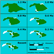 A series of maps showing Maui's progressive submergence at intervals of 200,000 years beginning 1.2 millions years ago