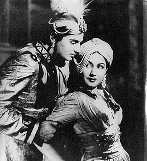 Meena Kumari with Mahipal in Aladdin aur Jadui Chirag.jpg