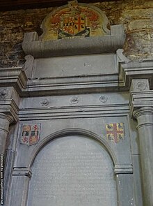 Memorial stone in Kilkenny, Ireland, depicting the family arms separated, and then impaled together on top. Memorial, Kilkenny.jpg