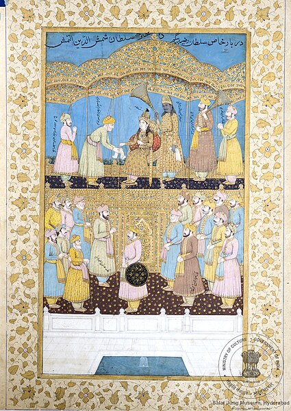 Miniature painting of Razia Sultana holding durbar with identifying inscriptions, by Gulam Ali Khan, circa 19th century.