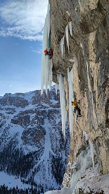 Team on Flauto Magico (130-metres, WI5+, M9, 4-pitches) in the Vallunga Valley, Dolomites, Italy Mixed Cimbing III.jpg