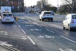 A cycle lane leading to the Mount Pleasant junction on Holderness Road in Kingston upon Hull. The Holderness Road/Mount Pleasant junction has been known as something of an accident blackspot in recent years, and some individuals say that the cycle lane arrangement merging with the bus stop may be the cause of particularly high rates of accidents involving cyclists here.