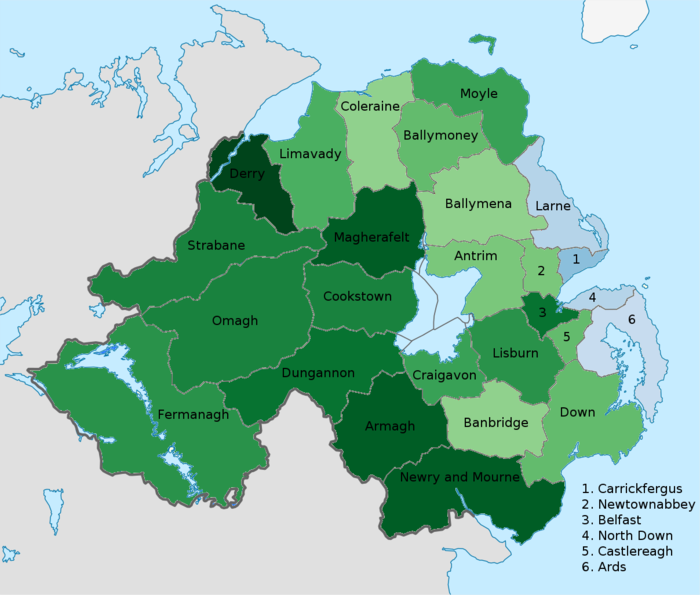 Map of districts of Northern Ireland colour coded to show the predominant national identity amongst Catholics. Stronger green indicates a higher proportion of Catholics describing themselves as Irish. Blue indicates more Catholics describing themselves as British than as Irish. Data from 2011 census