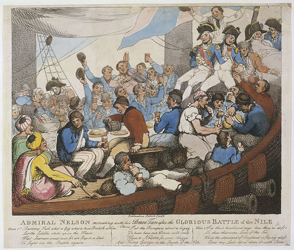 Caricature of Nelson and his men aboard Vanguard after the Battle of the Nile. This caricature reflects the national sentiment toward Nelson and his b