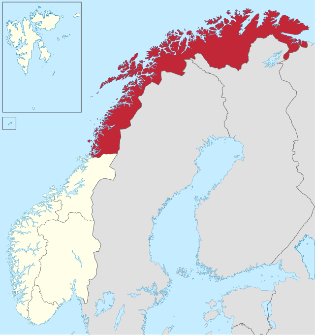 Norte da Noruega destacado em vermelho