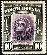 Stamp of North Borneo, overprint "BMA" (British Military Administration), 1945. North Borneo BMA Overprint 1945 10c.jpg