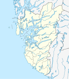 Mapa konturowa Rogalandu, po prawej znajduje się czarny trójkącik z opisem „Kjerag”