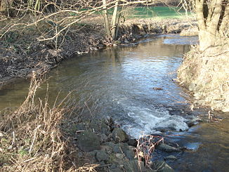 The Osterbach (front right) joins the Mergbach (left) to the Gersprenz (back right)