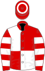 Red and white quartered, hooped sleeves and cap