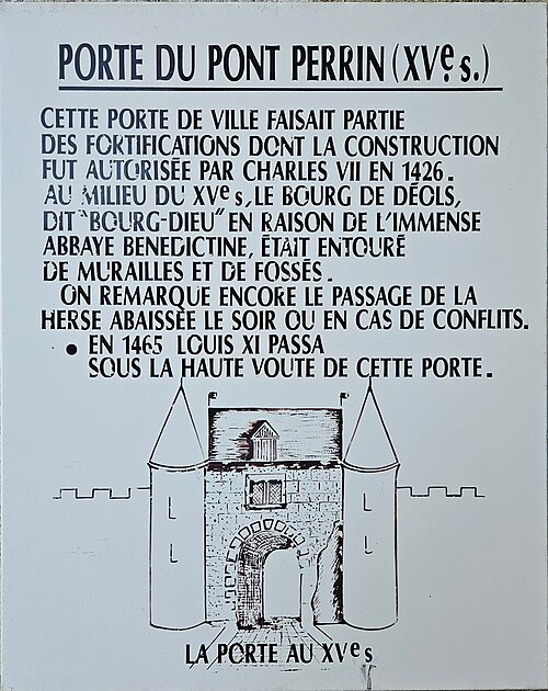 Panneau sous la Porte du Pont Perrin de Déols mentionnant Charles VII et Louis XI