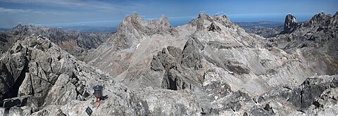 Picos de Europa, a panoramic view from the Tesorero peak in the central massif with identified summits labeled