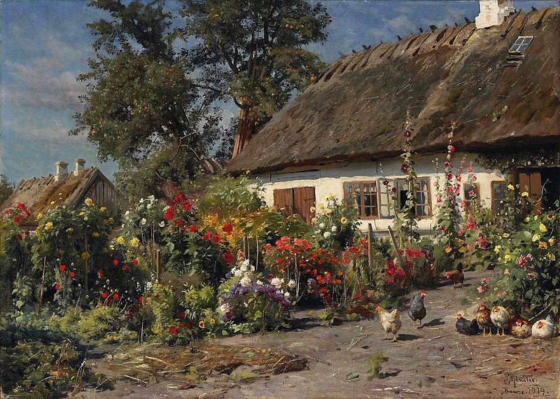 File:Peder Mønsted - A Cottage Garden with Chickens.jpg